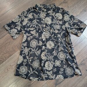 Vintage Geiger Sheer Floral Button Up Black Beige 100 % Cotton Boho Revival XL